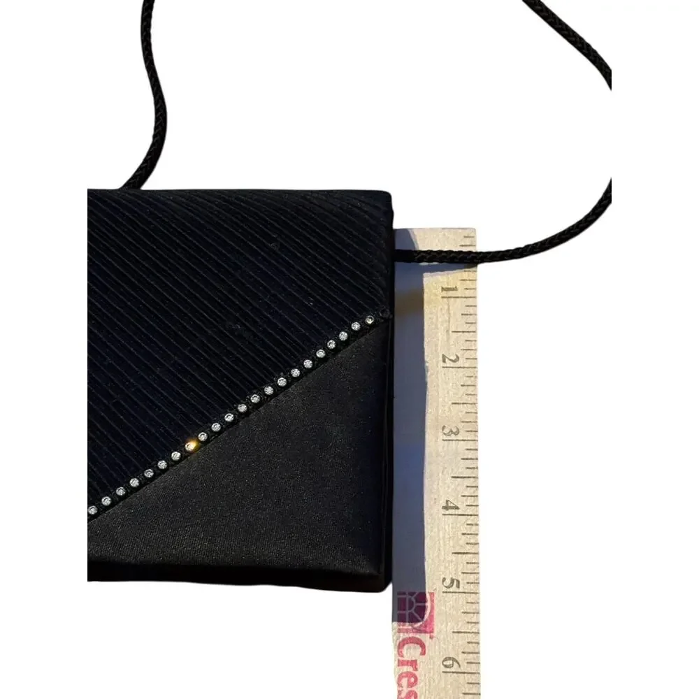Vintage Black Satin Evening Clutch Crossbody Rhinestone Trim Magnetic Snap